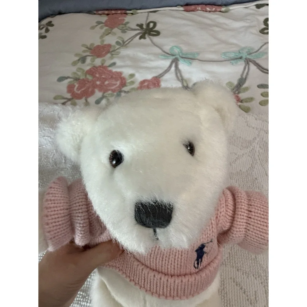 Ralph Lauren Romance Teddy Bear White Plush Pink Knit Pony Logo Sweater